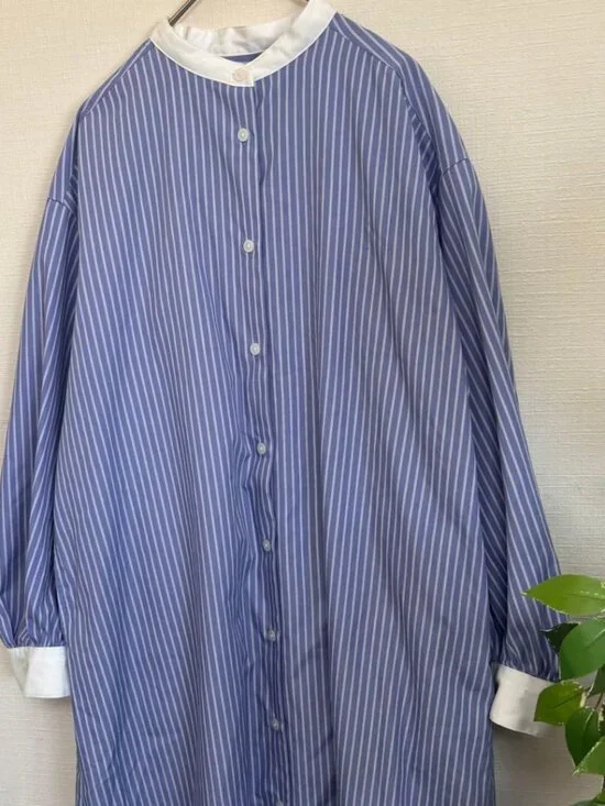 Philic Striped Band Collar Shirt Dress Loose Fit No Collar - Picture 5 of 5